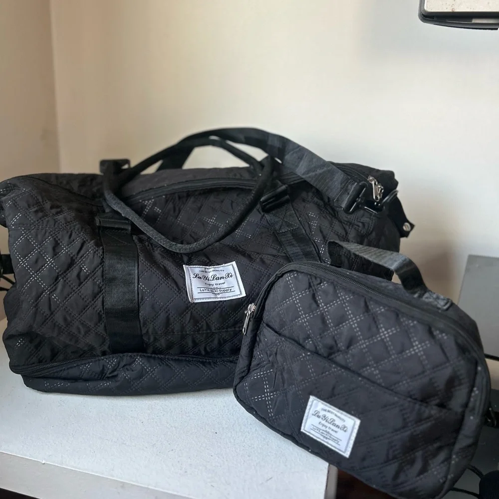 2 pcs set Black Quilted Duffel Bag Set travel bags